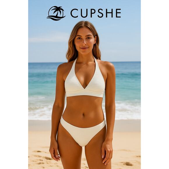 NWT Cupshe Solid White Bikini Sz. L - Picture 1 of 6